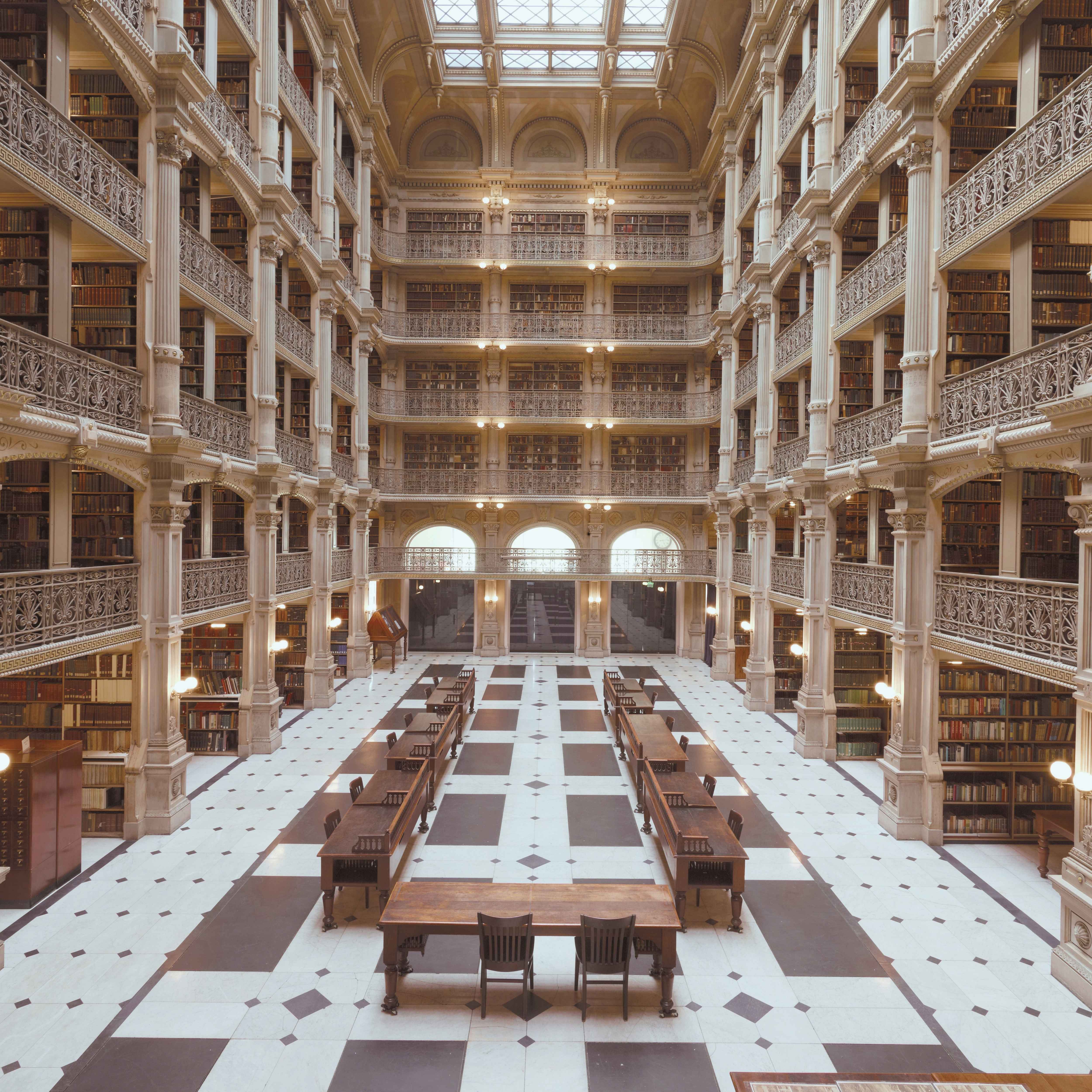 Interior of the George Peabody Library, Baltimore, with tiers of cast-iron balconies.